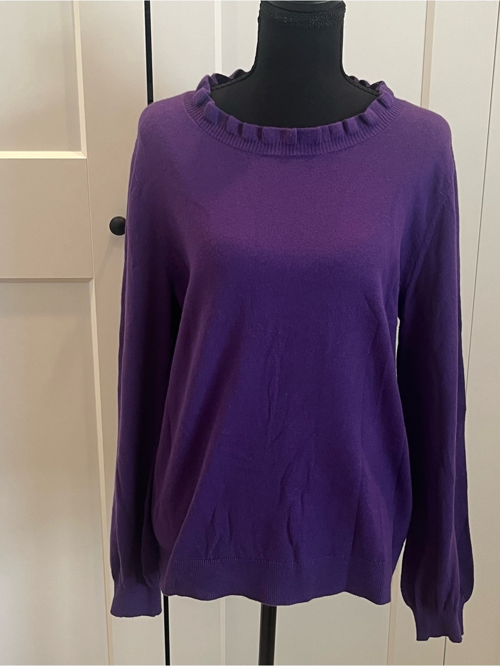 Talbots Women's Purple Ruffle-Trim Crew Neck Sweater Cotton/Wool Blend Fall Sz M